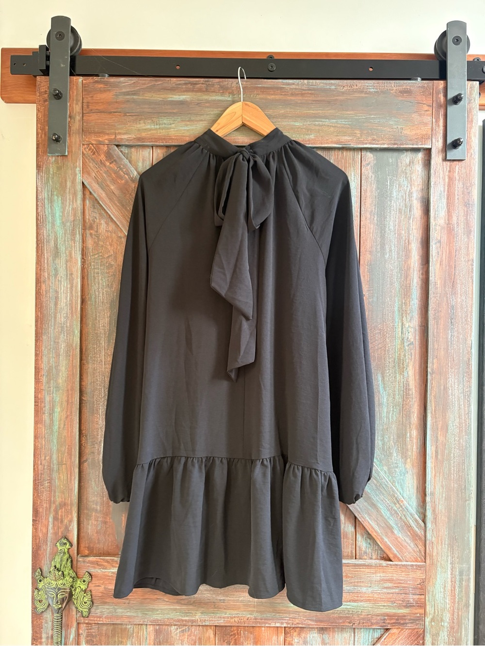 H&M Black Long-Sleeve Tie-Neck Swing Dress